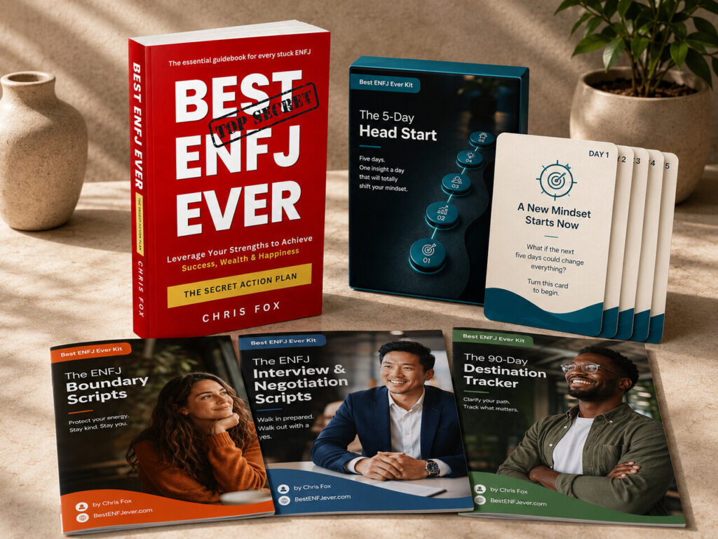 Best ENFJ Ever Kit by Chris Fox: ENFJ Boundary Scripts, Interview and Negotiation Scripts, 90-Day Destination Tracker, 5-Day Head Start.